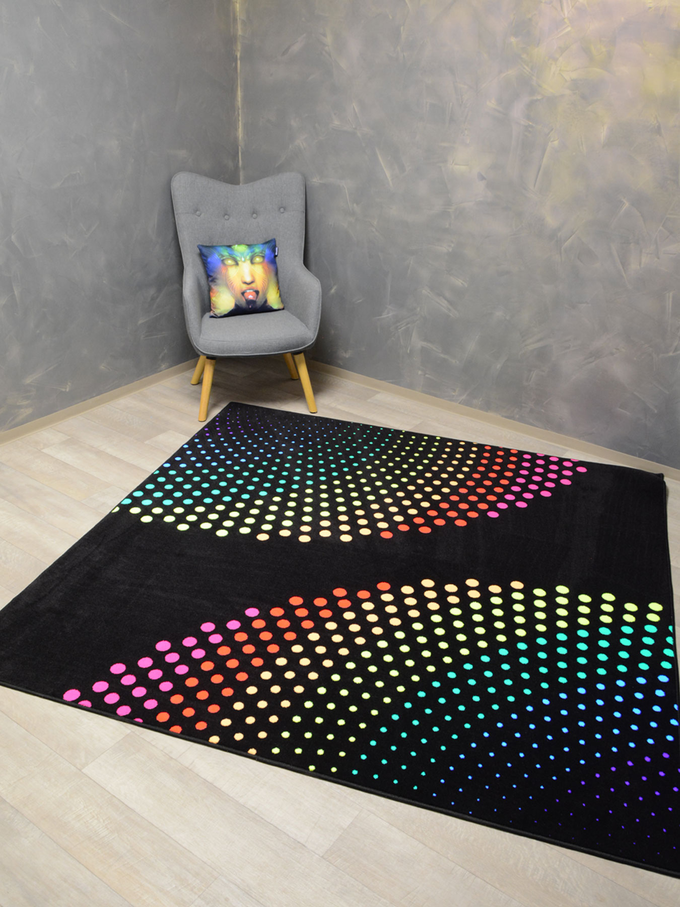 Psywork Schwarzlicht Teppich Fluo Rainbow Dots 2x2m